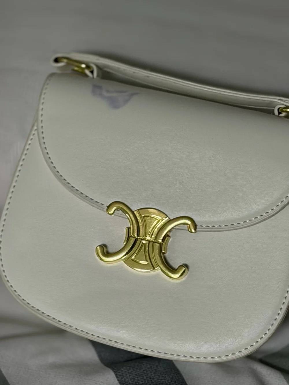 White Leather Top-Handle Shoulder Bag with Gold Accent